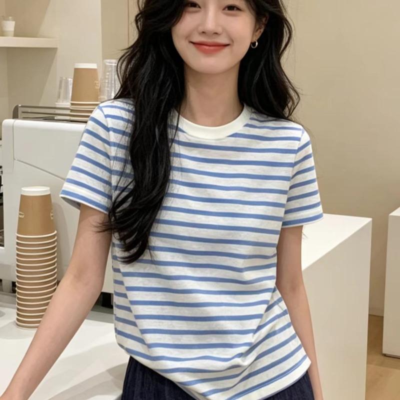 Ladies' Blue White Striped T-shirt Female Round Neck Loose Short Sleeved Blouse Summer New Korean Style Versatile Top
