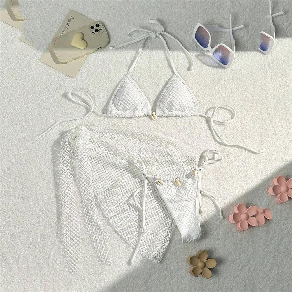 Sexy Brown Mesh Swimsuit Cover Ups Women Triangle String Micro Bikini Thong Halter Swimwear Bathing Suit 3 Piece Bikini Set 2025