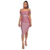 Women's Summer One-line Shoulder French Waist Dress Sequin Bag Hip Mid-length Dress