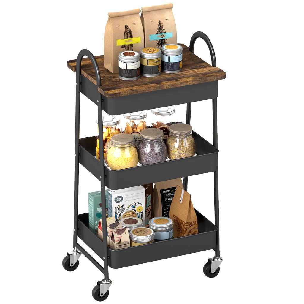 3-Tier Kitchen Storage Trolley with on Wheels Cover Top Board - Rustic Brown and Black