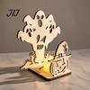Natural Wood Carving Ornament Halloween Candle Holder, Spooky Pumpkin Bat Shadow Tealight Decorative Wooden Lantern Vintage Candlestick for Party Home
