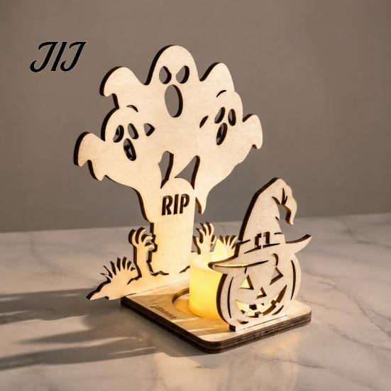 Natural Wood Carving Ornament Halloween Candle Holder, Spooky Pumpkin Bat Shadow Tealight Decorative Wooden Lantern Vintage Candlestick for Party Home