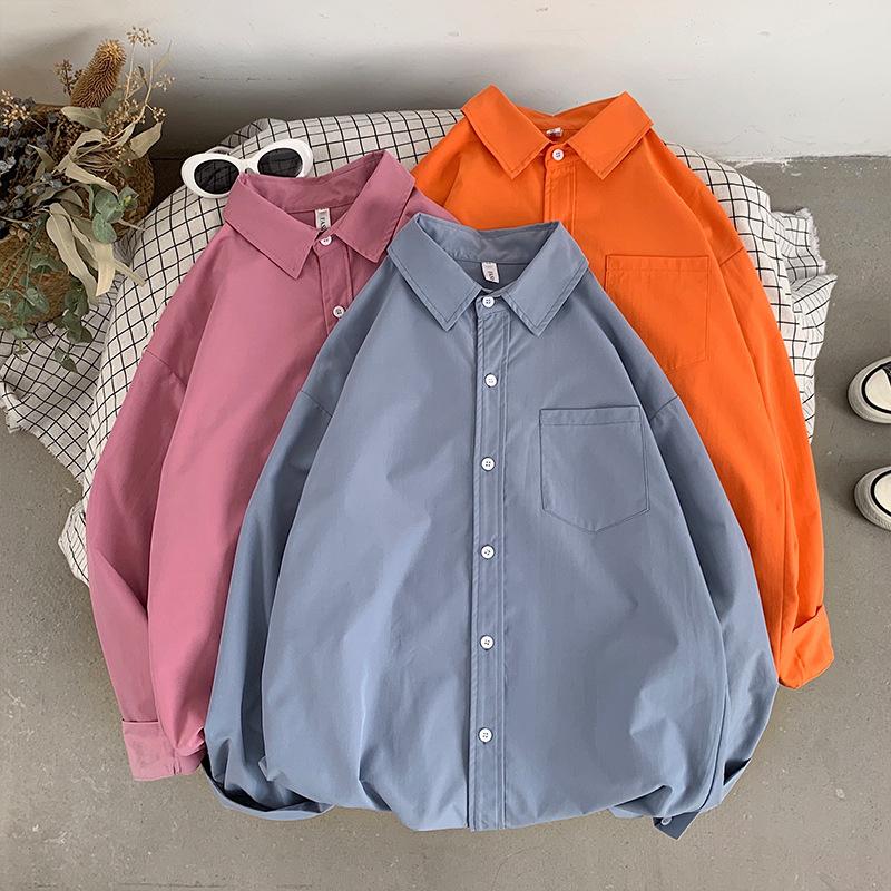 Street Style Loose Fit Long Sleeve Collar Shirt Women's Inner Wear Multi-Color Dopaamine Couple's Layering Casual Coat