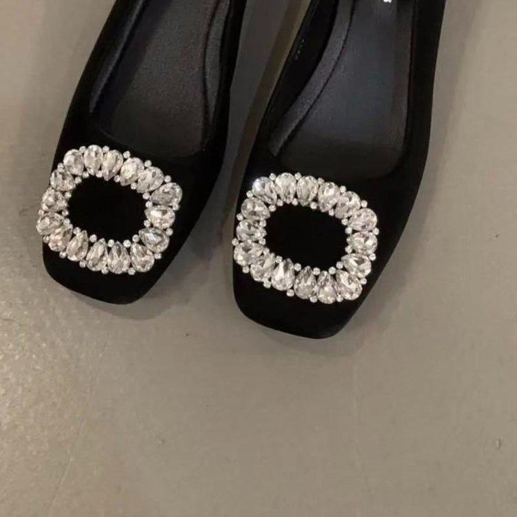 Chaussures à bout peu profond esthétiques en strass noir épais à talon épais pour femme, nouvelles chaussures de printemps, chaussures plates Mary Jane avec jupe