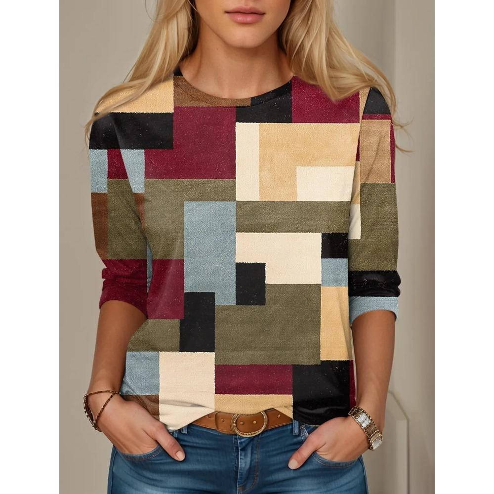 

Минималистичная клетчатая женская футболка с длинным рукавом и круглым вырезом, с 3D-цифровой печатью, трендовая, с возможностью персонализации 3XL красный