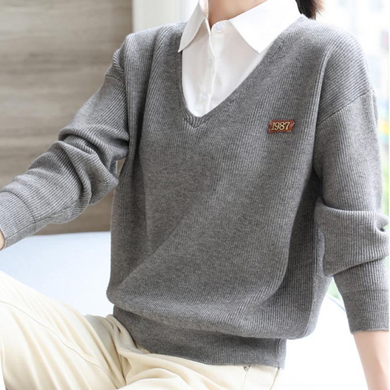 

Поддельный вязаный свитер из двух частей, женский свитер больших размеров, повседневный однотонный свитер с длинными рукавами, базовый свитер на осень и зиму XL серый