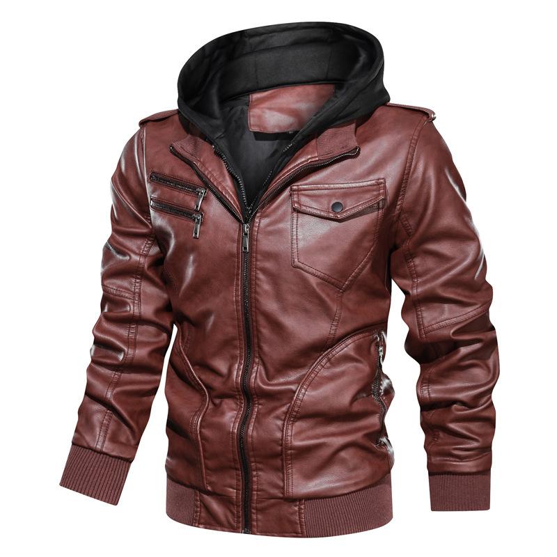 [European size] Winter men's removable hooded pu leather jacket, large size casual locomotive leather jacket for men