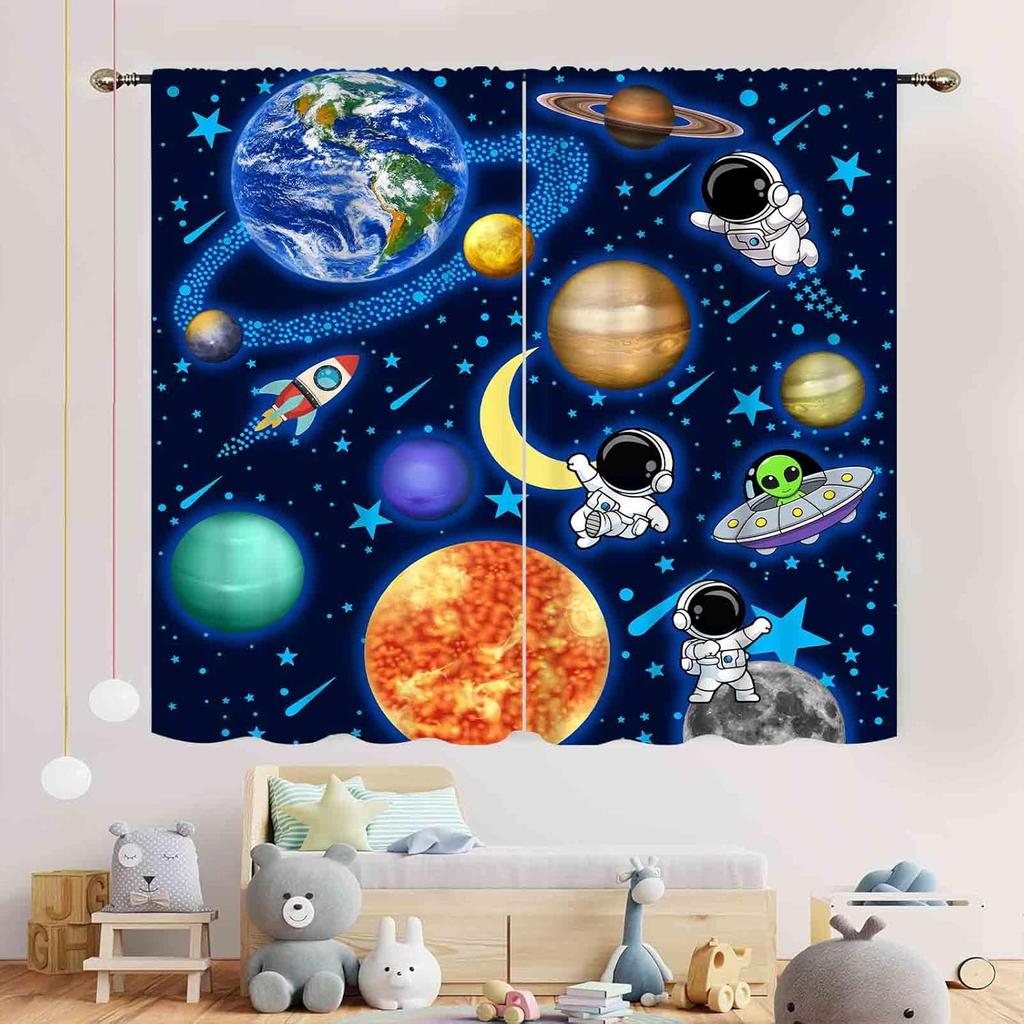 Space Curtains Kids Boys Solary System Universe Outer Planet Astronaut Galaxy Window Drapery Treatments Curtain Light Blocking Polyester