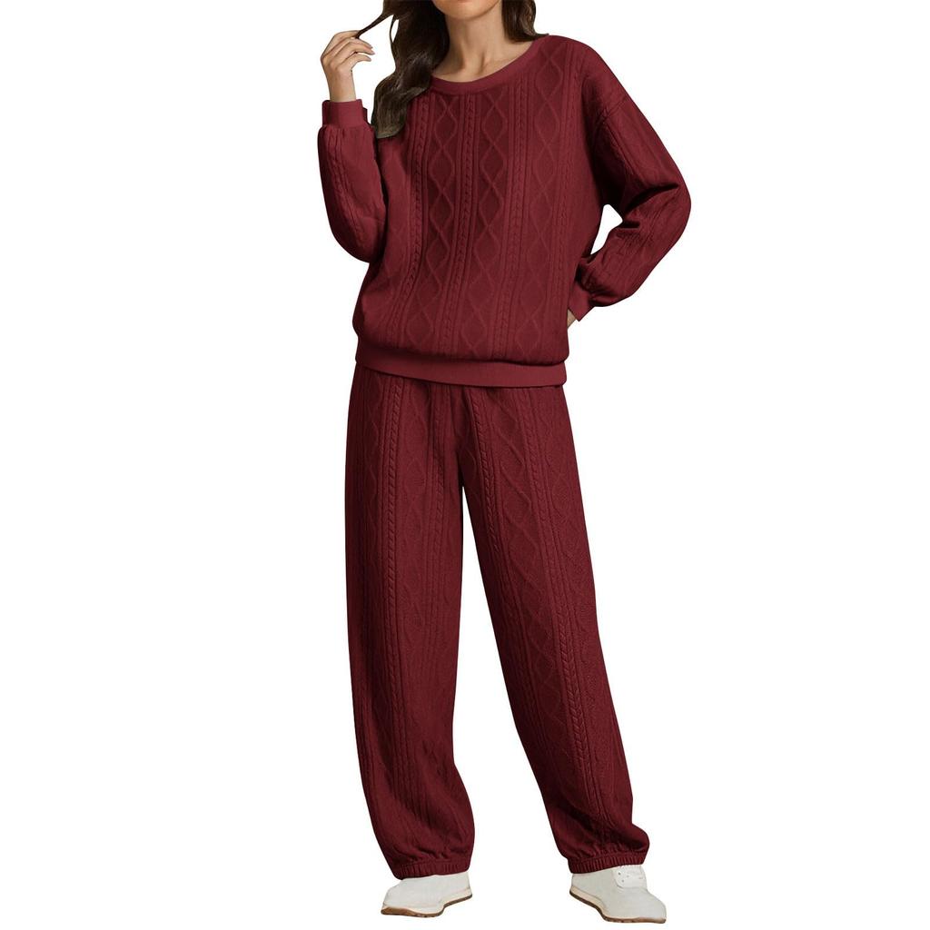 Women's Fashion Color Round Neck Long Sleeve Top Elastic Waist Casual Pants Loose Sports Two Piece Set