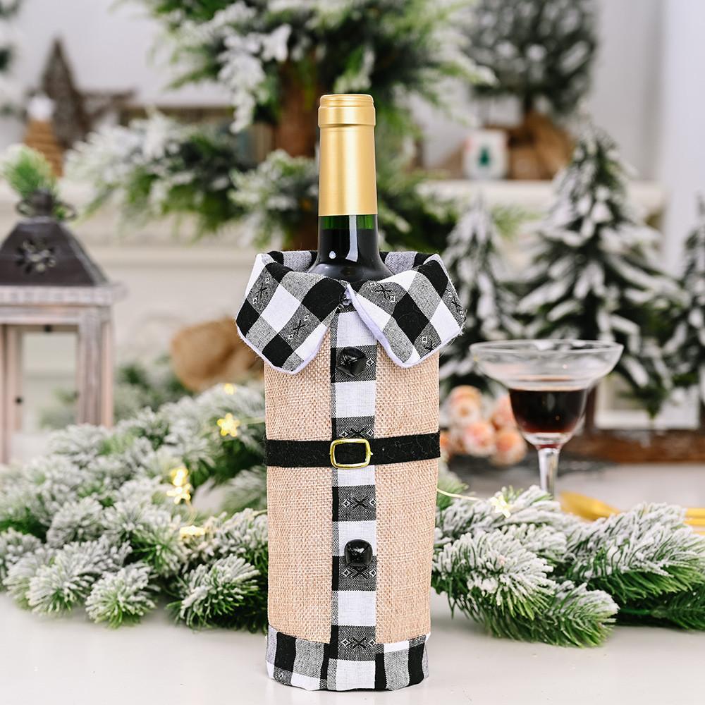 Red Cozy And Black Tartan Wine Bottle Sleeve With Elegant Burlap Bell For Holiday Celebrations