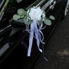 Wedding Photo Prop Decor Car Door Handle Flower with Ribbon Tie And Green Leaves, White Artificial All In One Decoration Rose Rearview Mirror Bouquet