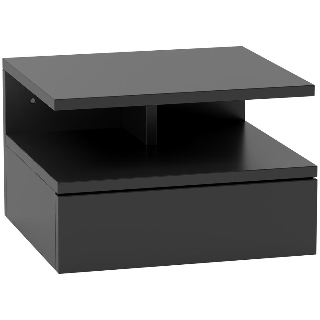 Wall-Mounted Nightstand for Bedroom with Drawer and Wooden Shelf, 35x32x22.5cm, Black
