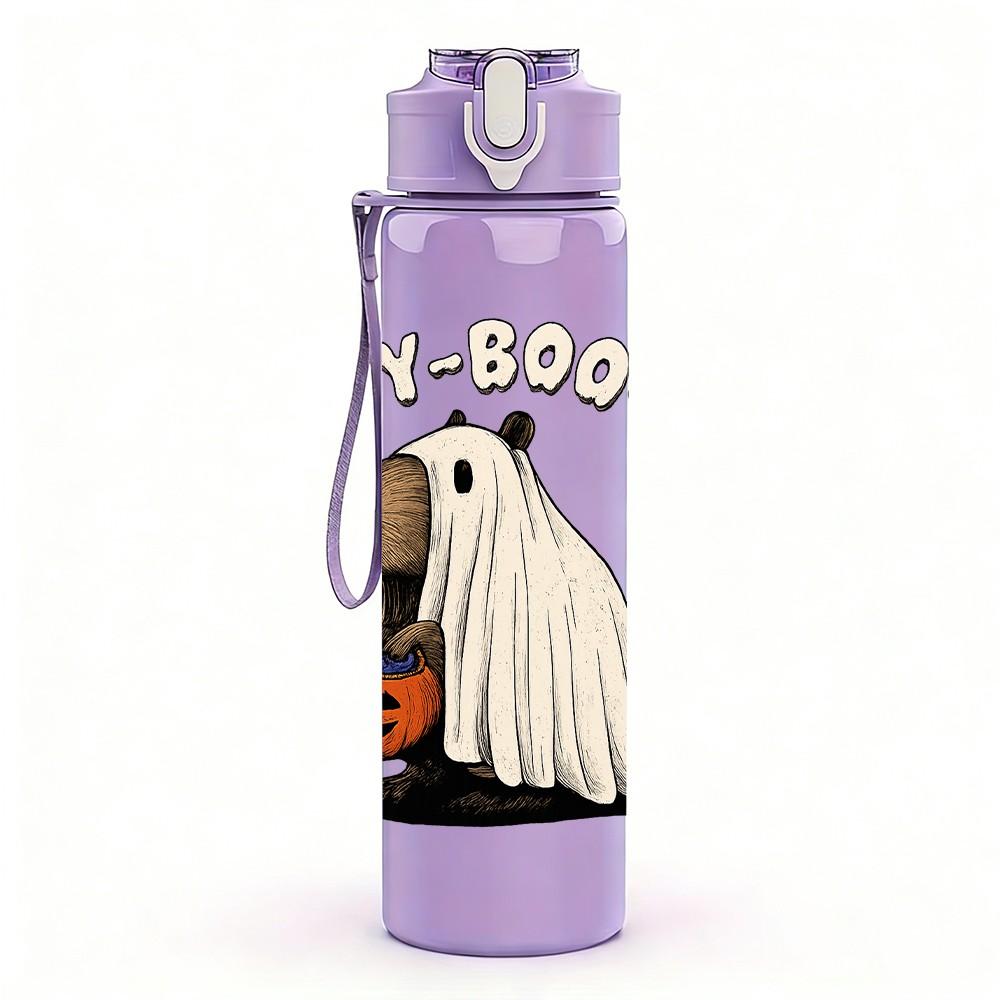 1PC Ghost Holding Pumpkin Cartoon 750ml Color Plastic Sports Water Bottle Leakproof Flip Straw Lid Suitable for Sports Office Home Use