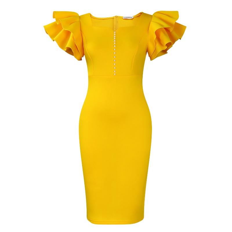 

Летняя мода Женское платье с рукавами-лепестками лотоса, бусинами для ногтей, облегающее бедра, банкетное платье XXXL жёлтый