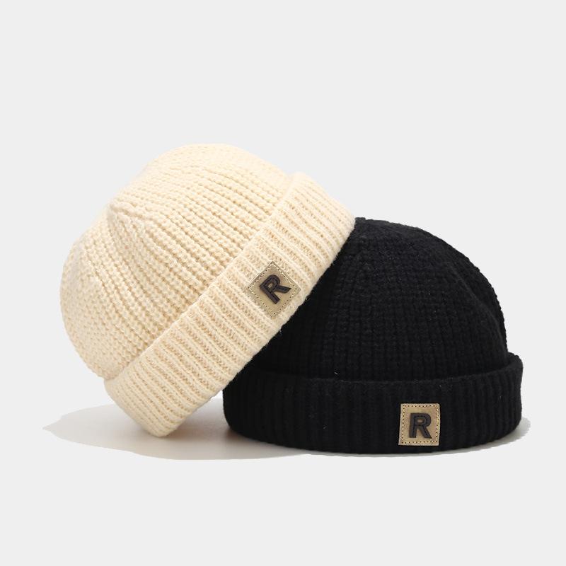 Solid Color Warm Knitting Children's Cap Autumn Winter R Letter Melon Caps for Baby Korean Casual Boys Girls Brimless Hat Beanie