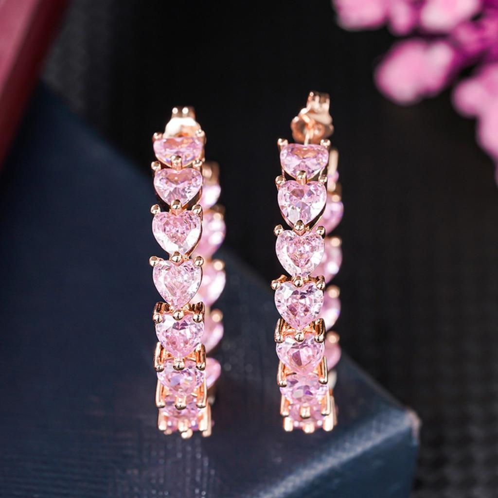 Sweet and Luxury Pink Heart Shaped CZ Large Hoop Earrings