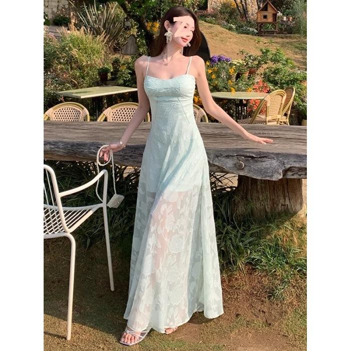 2026 New Summer Mint Green Sleeveless Suspender Dress Women's Seaside Holiday Style Wear Waist Beautiful Long Dress