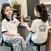 Korean Academy Style Girls' Pure Cotton Polo Shirt - Summer Lapel Short Sleeve with Stylish Printed Patchwork