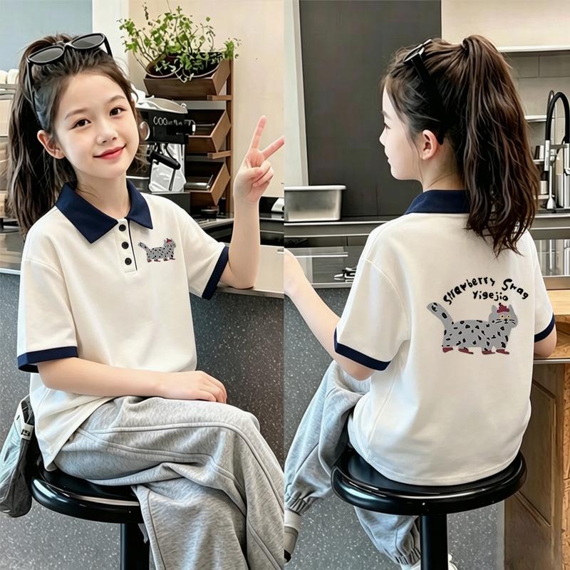 Korean Academy Style Girls' Cotton Polo Shirt with Patchwork Lapel - Casual Summer Short Sleeve T-shirt