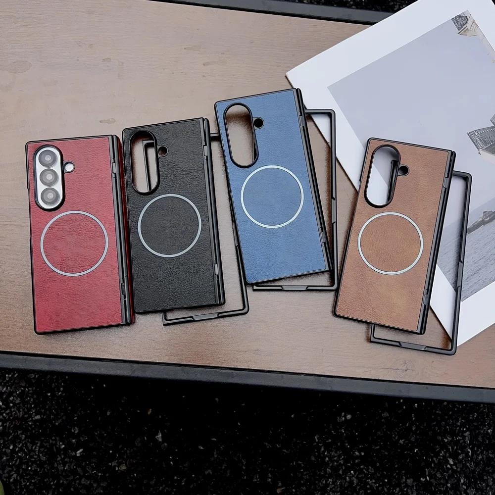 Luxury Busine Sle Leather Hinge Magnetic Phone Case for Original Samsung Galaxy Z Fold 7 6 5 4 3 Magsafe Wireless Charging Cover