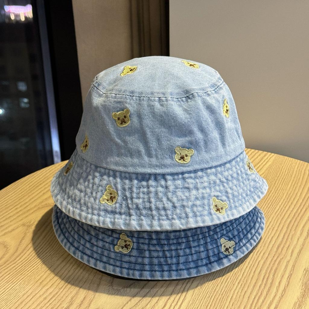 Cute Cartoon Spring and Autumn Embroidered Bear Unisex Denim Fisherman Hat Casual Versatile Sun Hat Sun Protection Hat