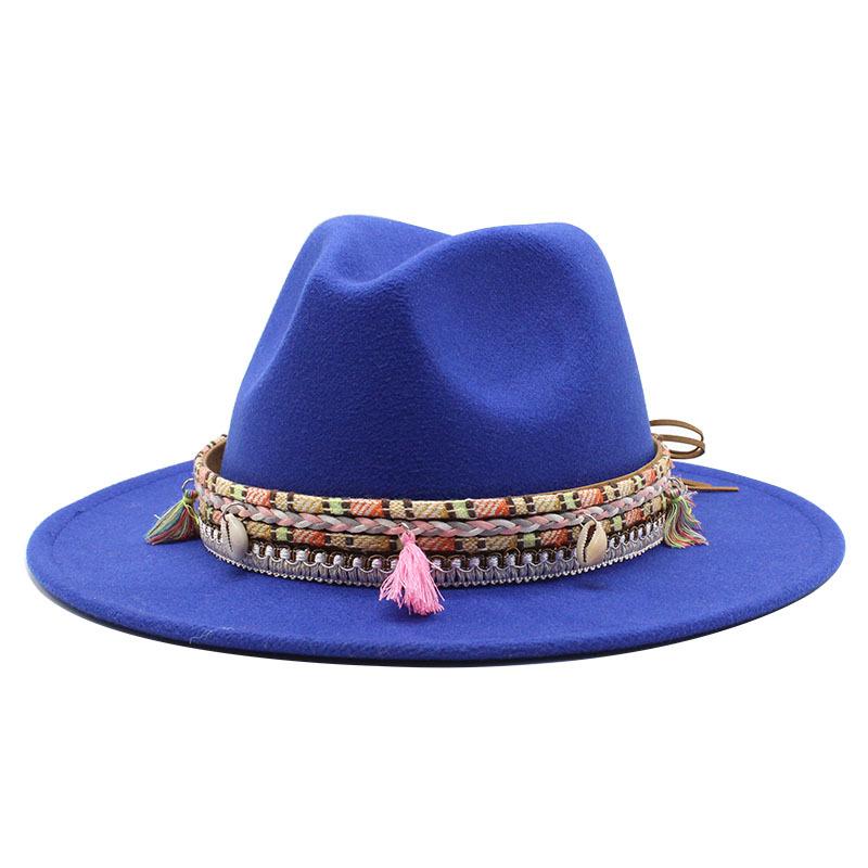 Woolen Top Hat, Fringed Minority Style Jazz Hat, Retro Flat-Brimmed Big Eaves Hat.