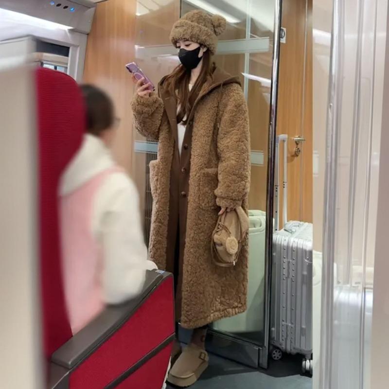 Korean Lazy Style Lamb Wool Winter Thick Warm Women Long Coat Faux Two Piece Jacket