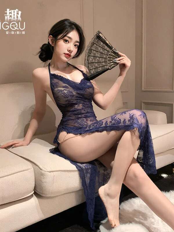 Indulgent Sexy Vent Dress Backless Deep V Hanging Neck Sleeveless Lace Elegant Long Dress Pure Desire Dress Nightclub Charm 5DEU