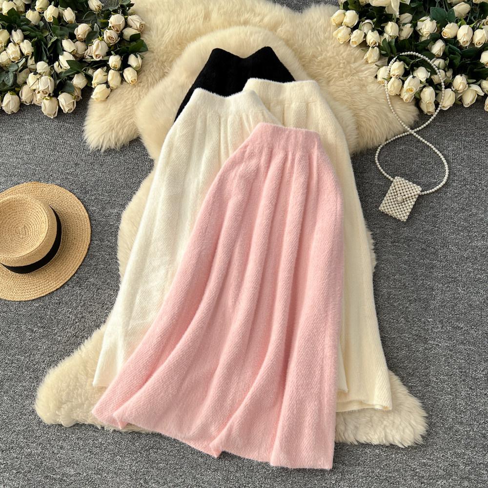 Autumn Winter Women Elegant Furry Knitted Long Midi High Waist A-line Skirt