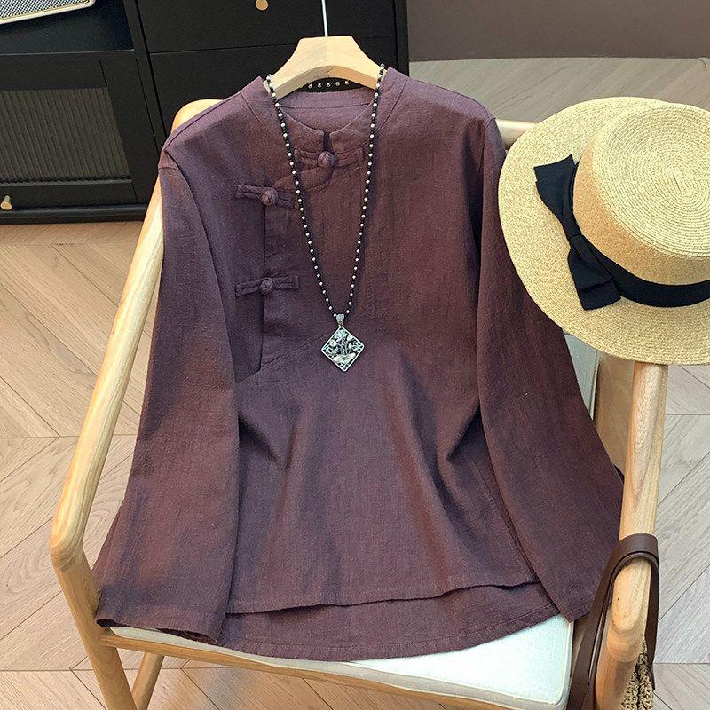 Women s Retro Cotton Linen Frog Button Stand Collar T-Shirt - Summer Long Sleeve, Loose Slimming, Plus Size. 3XL