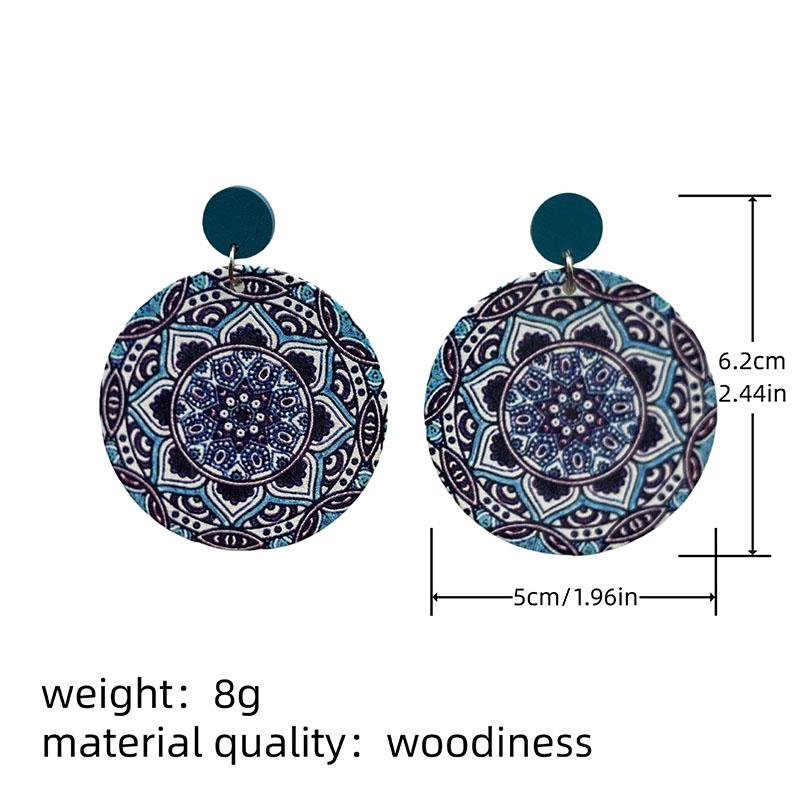 Ethnic Vintage Round Printed Wooden Earrings for Women Simple Muticolor Flower Pattern Drop Earring Daily Party Jewelry