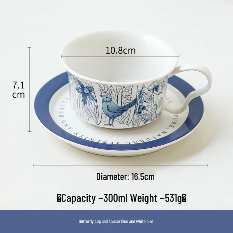 OLOEY Hand-Painted Blue & White Bird Ceramic Coffee Cup Set