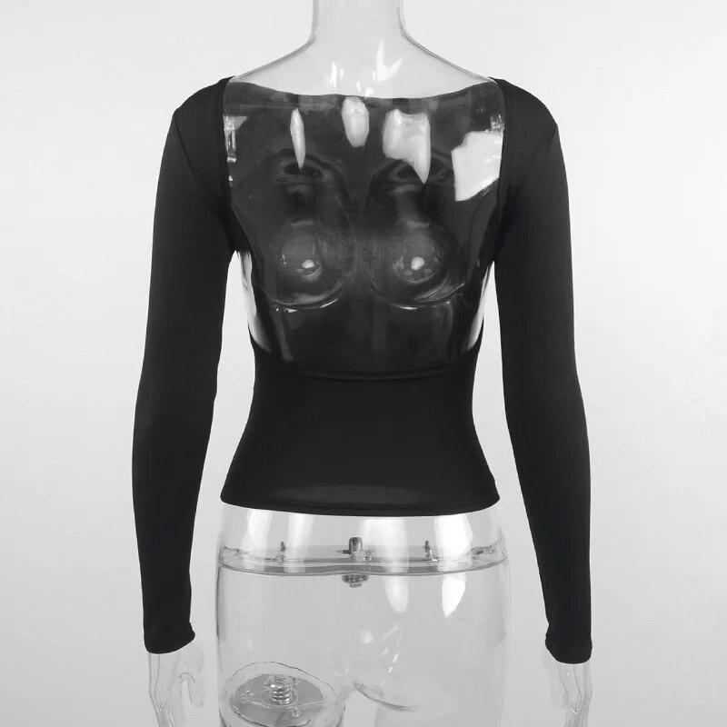 Rückenfreies, sexy schwarzes High-Street-T-Shirt für Damen, aushöhlen, lange Ärmel, Crop-Tops, weiblich, lässig, Streetwear, figurbetont, modisch, solide Grundkleidung 2024