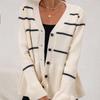 Women V Neck Striped Loose Knit Long Sleeve Cardigan