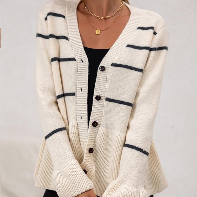 Women V Neck Striped Loose Knit Long Sleeve Cardigan