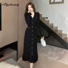 Elegant Fashion Autumn Winter Women Midi Trumpet Dress V Neck Green Black Beige Knitting Shirt Dress Ruffles Knitted Mermaid Dress