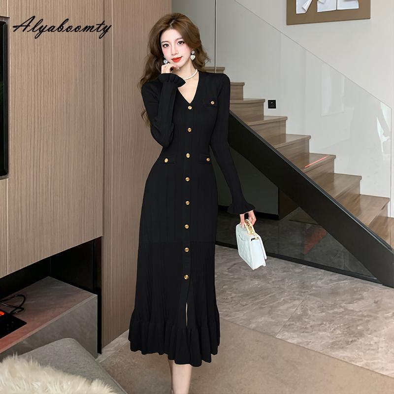 Elegant Fashion Autumn Winter Women Midi Trumpet Dress V Neck Green Black Beige Knitting Shirt Dress Ruffles Knitted Mermaid Dress