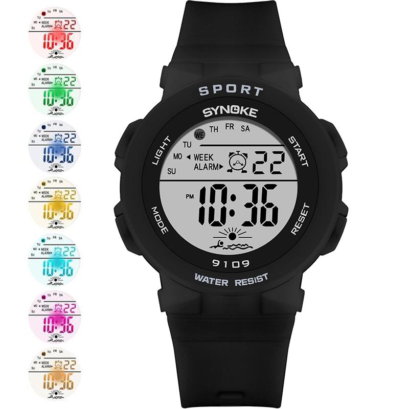 Synoke 50M Waterproof Led Chronograph Watches Fashion Colorful Light Soft PU Strap Women's Digital Sport's Wristwatch
