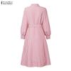 ZANZEA Women Casual Turn Down Collar Long Sleeve Loose Stripe Dress