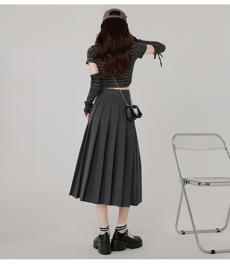 Gray Korean-Style High-Waisted Pleated Midi Skirt for Petite Women: Spring/Autumn A-Line Umbrella Design
