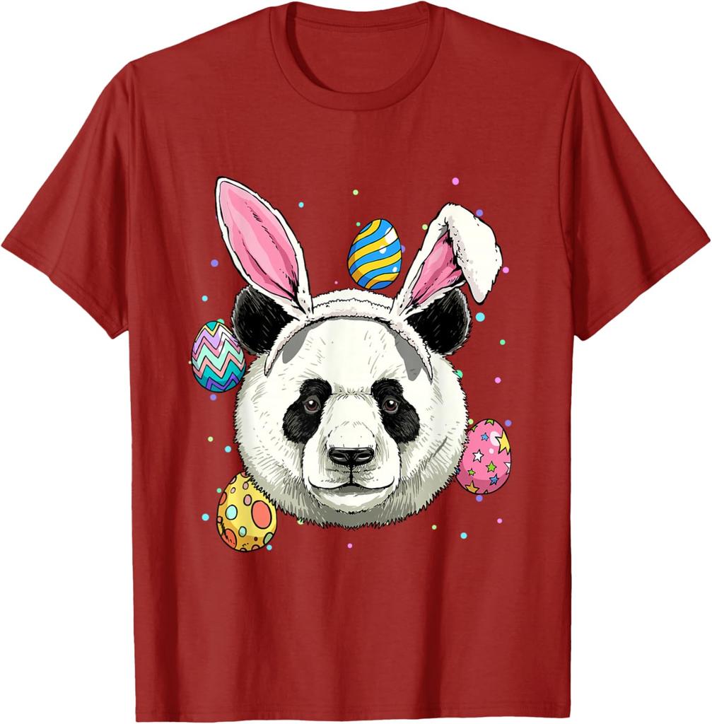 Panda Easter Bunny Ears Eggs Graphic Print Cotton Round Neck T-Shirt Casual Trip Tee