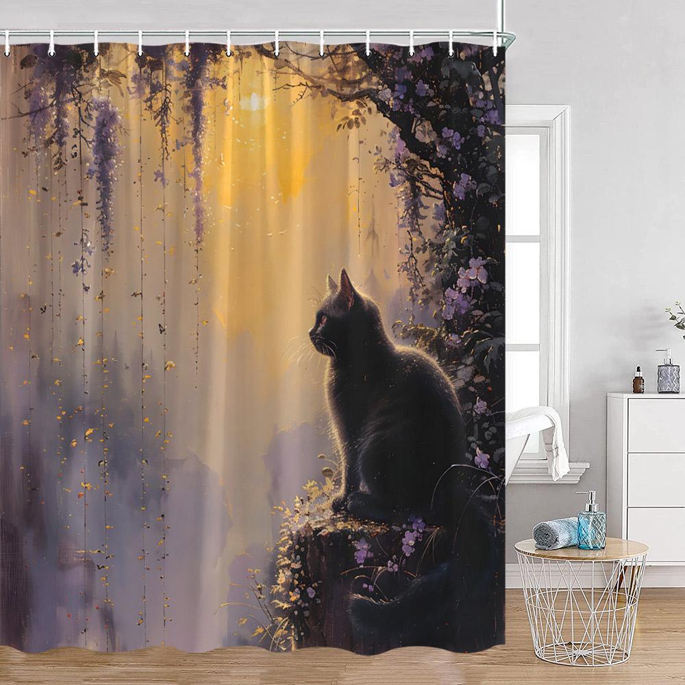 Grappige Katten Douchegordijn Katten Rijden op Haaien Cool Schattige Katten Honden Bloemen Zomer Badkamer Decoraties Polyester Badgordijn