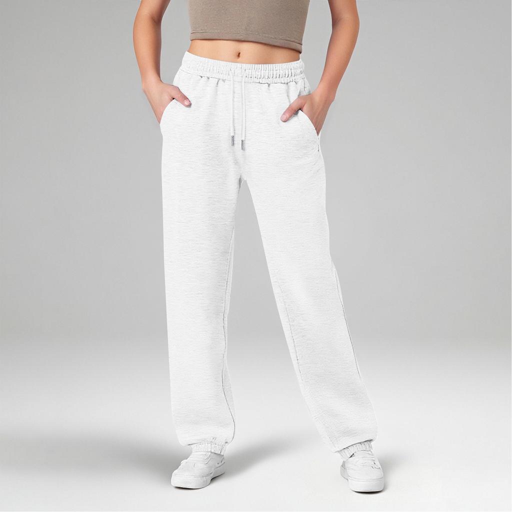 Women's Wide Leg Sports Pants Yoga Straight Mid-Rise Drawstring Elastic Low-Waist Clothing With Pockets