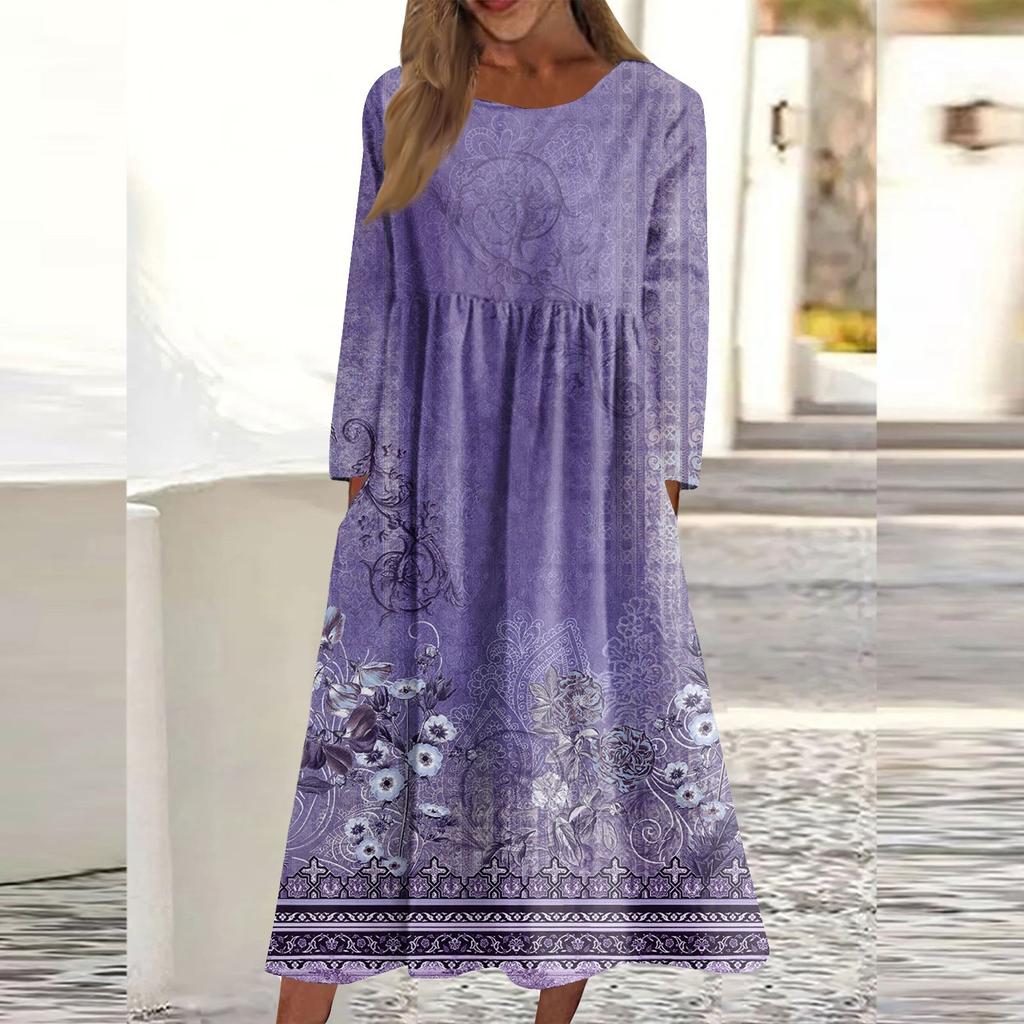 Women's Casual -neck Print Mid-length Dress Long-sleeved Pocket Dress