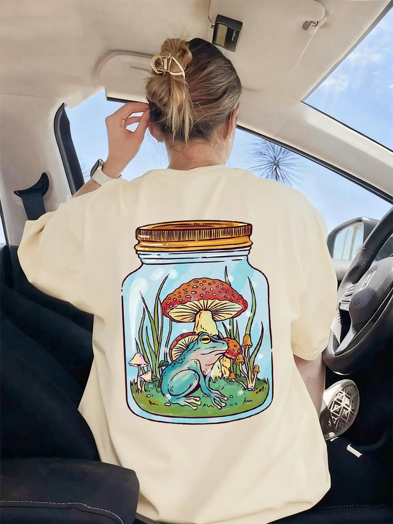 Cute Frog With Mushrooms Printed TShirts Womens Casual Short Sleeve Tops Soft ONeck T Shirts Summer Loose Womans Streetwear