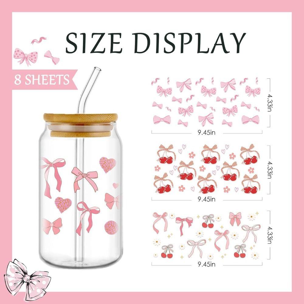 7Pcs/Bag Smooth UV DTF Transfer Sticker Clear Pink Bow Decals  For 16Oz Glass Cup