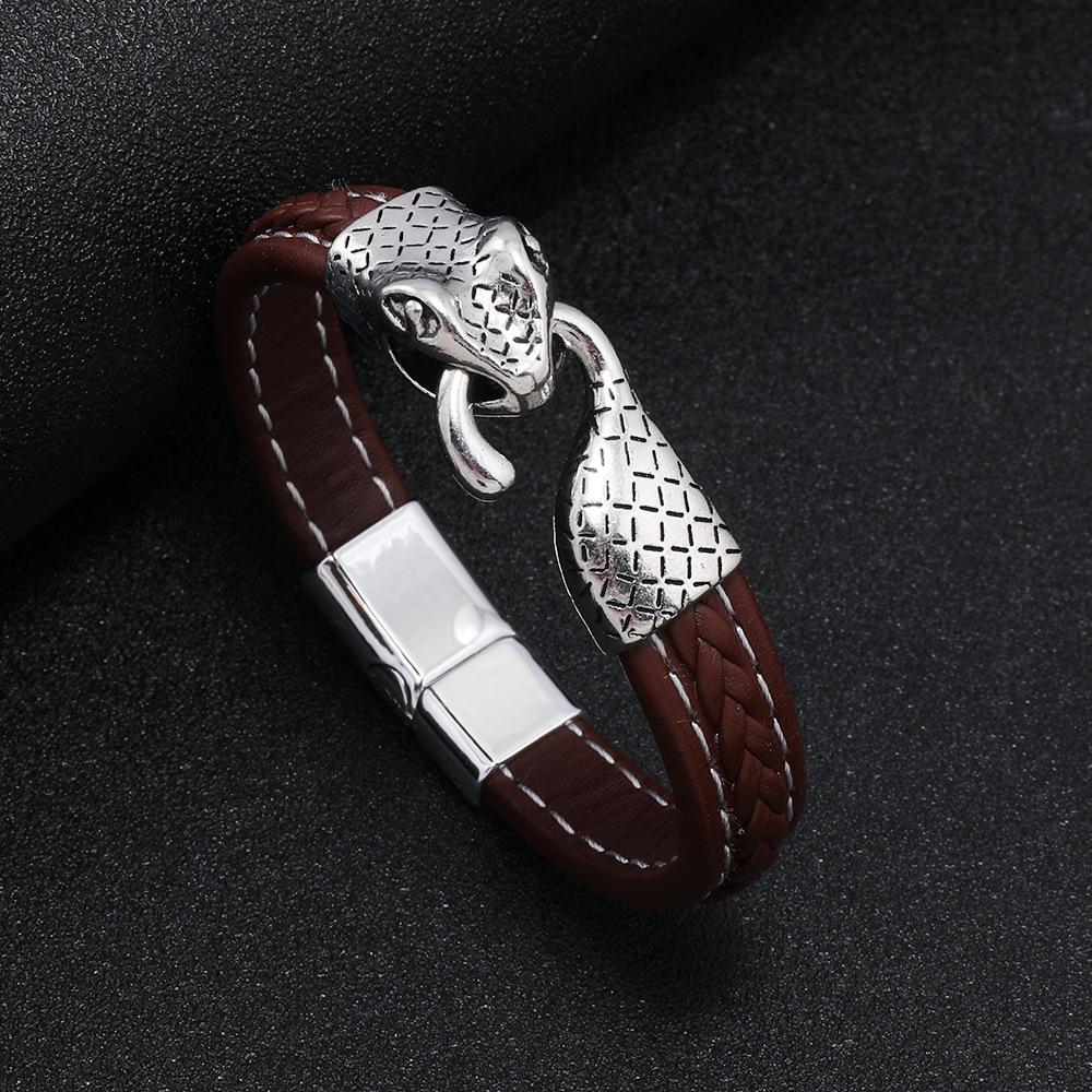 Gothic Snake Bracelet Men Braided Stainless Steel Snake Head Hip Hop Hand Jewelry Leather Braslet Hombre Rock Accessories