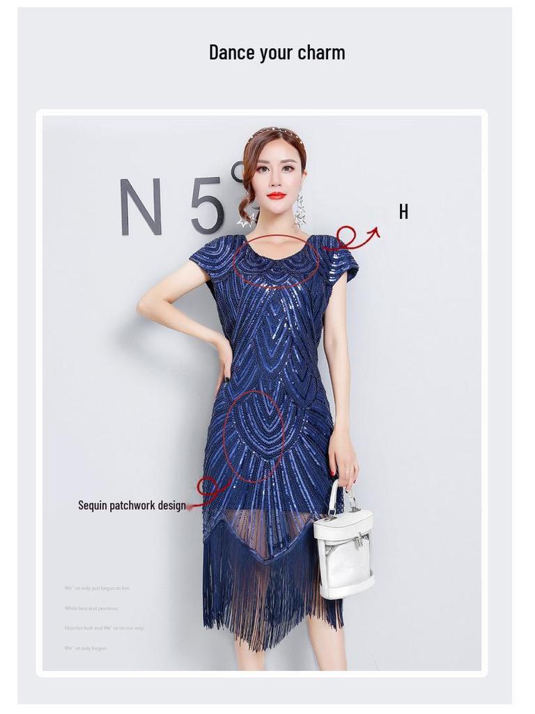 Plus Size Sequin Beaded Tassel Evening Dress - Slimming Hip-Hugging Design with Round Neck 