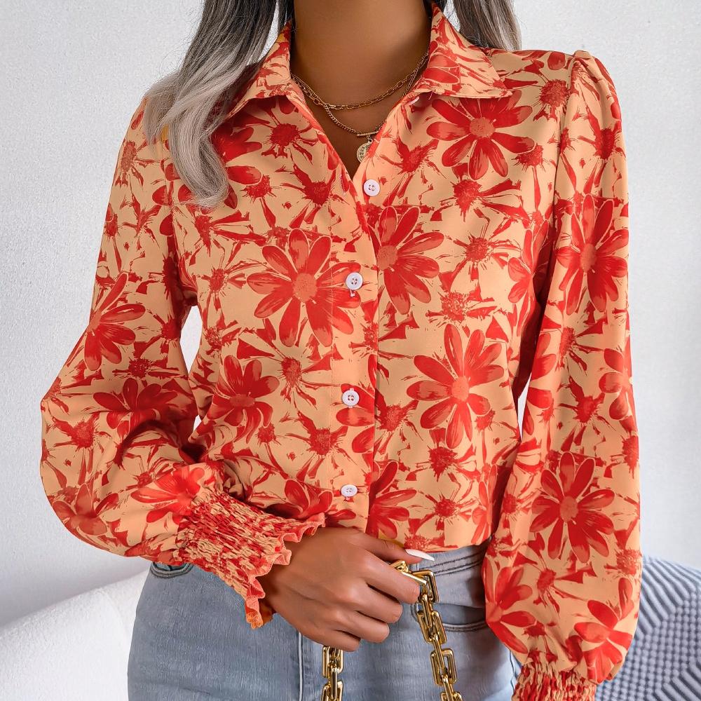 GMXIA Camicette con risvolto a maniche lunghe con stampa floreale estiva casual alla moda da donna e camicie con fiori a contrasto di colore con maniche a lanterna