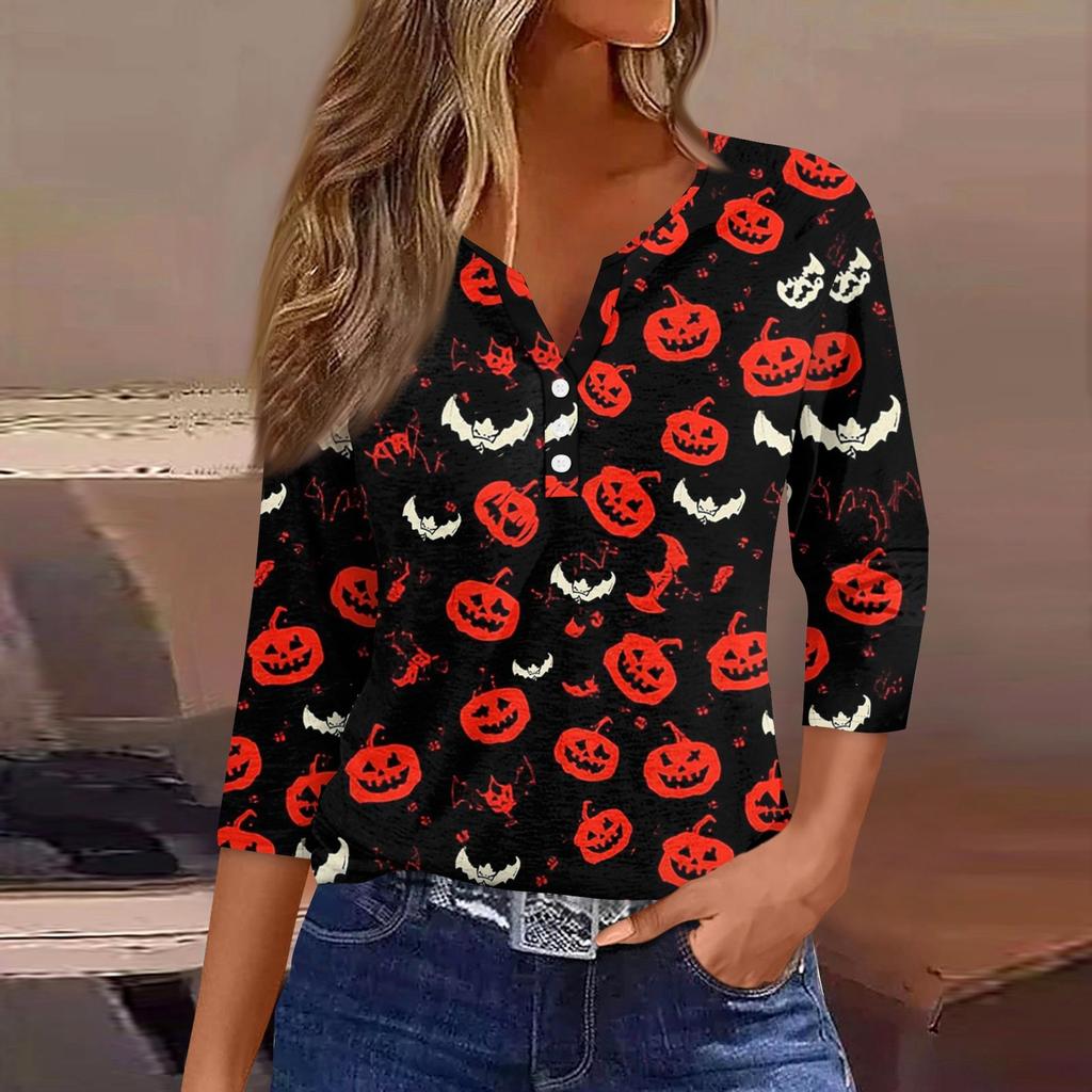 Women's T Shirt Tee Print Button  3/4 SleeveDaily Weekend Fashion Basic V- Neck Regular Top